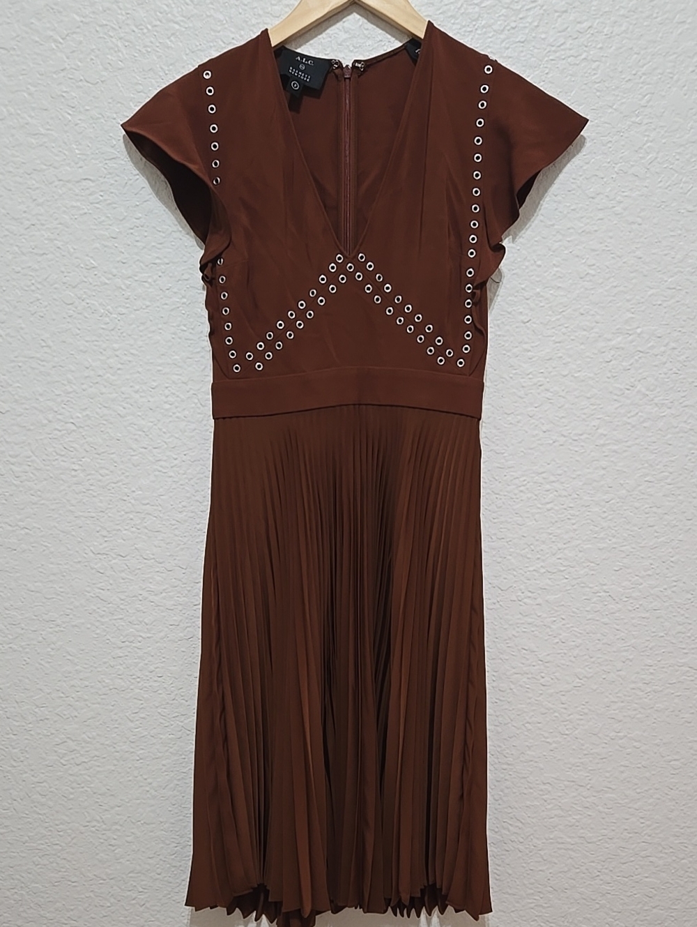 A.L.C. Barneys New York Chestnut Brown Eyelet-Trim Pleated Midi Dress